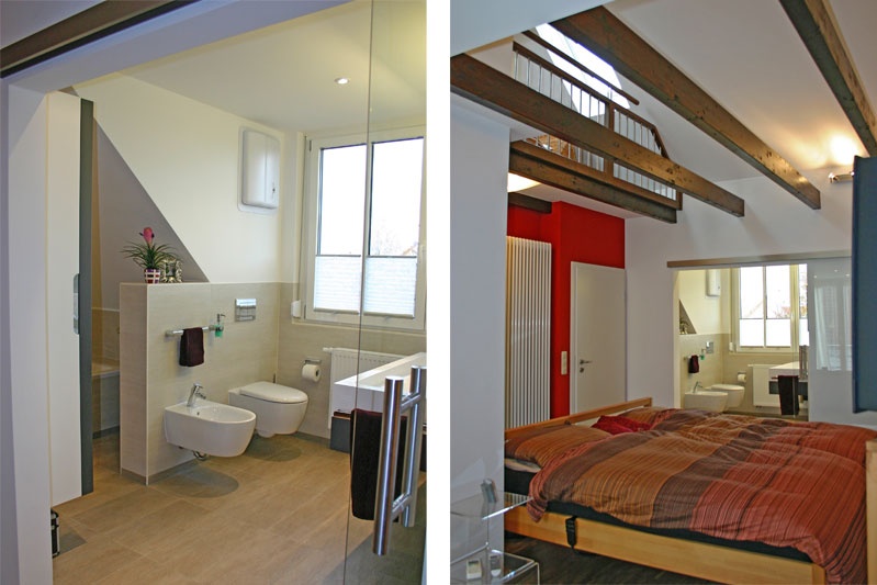 Dachgeschossausbau Innenansicht Bad und Schlafbereich