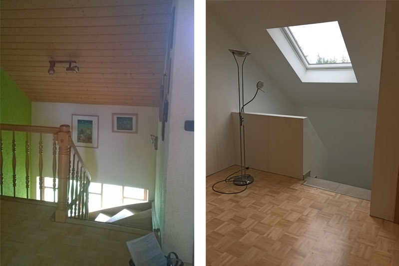 Sanierung Einfamilienhaus in Alteglofsheim, Landkreis Regensburg, Treppe Dachgeschoß vorher/nachher