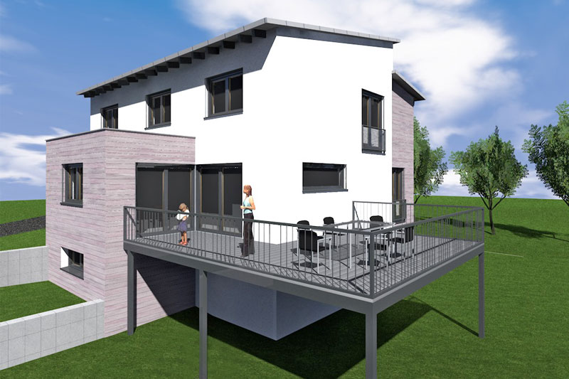 Neubau eines Einfamilienhauses in Pentling-Großberg, Landkreis Regensburg, Entwurf Aussenansicht Terrasse