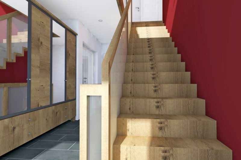Neubau eines Einfamilienhauses in Pentling, Landkreis Regensburg, Entwurf Treppe ins Obergeschoß