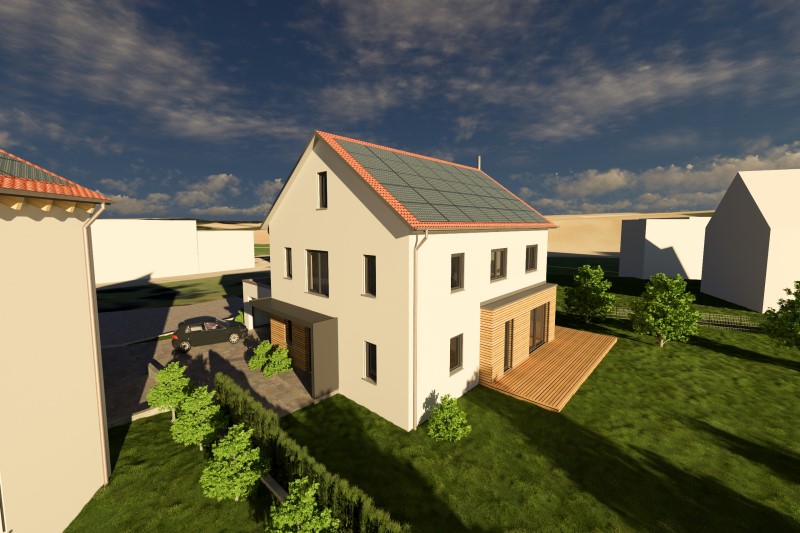 Neubau eines individuellen Einfamilienhauses ohne Keller mit zusätzlich ausgebautem Dachgeschoss in Regenstauf, Ortsteil Buchenlohe, Landkreis Regensburg Technische Ausstattung: Luft-Wärmepumpe, zentrale Lüftungsanlage, Photovoltaik-Anlage mit Batteriespeicher