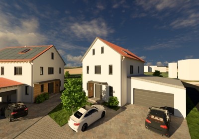 Neubau von zwei individuellen Einfamilienhäusern ohne Keller in Regenstauf, Ortsteil Buchenlohe, Landkreis Regensburg Technische Ausstattung: Luft-Wärmepumpe, zentrale Lüftungsanlage, Photovoltaik-Anlage mit Batteriespeicher