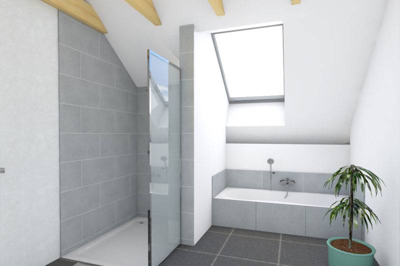 Sanierung eines Reiheneckhauses in Regensburg, Stadt, Visualisierung Dachgeschoss Bad mit Dusche und Badewanne