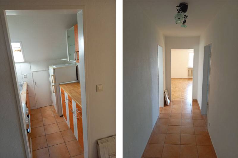 Sanierung eines 3-Familienhauses in Regensburg-Oberisling, Ansicht Küche und Flur im DG, Altbestand