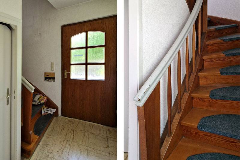 Sanierung eines 2-Familienhauses im Regensburger Westen, Bestand Eingang und Treppe